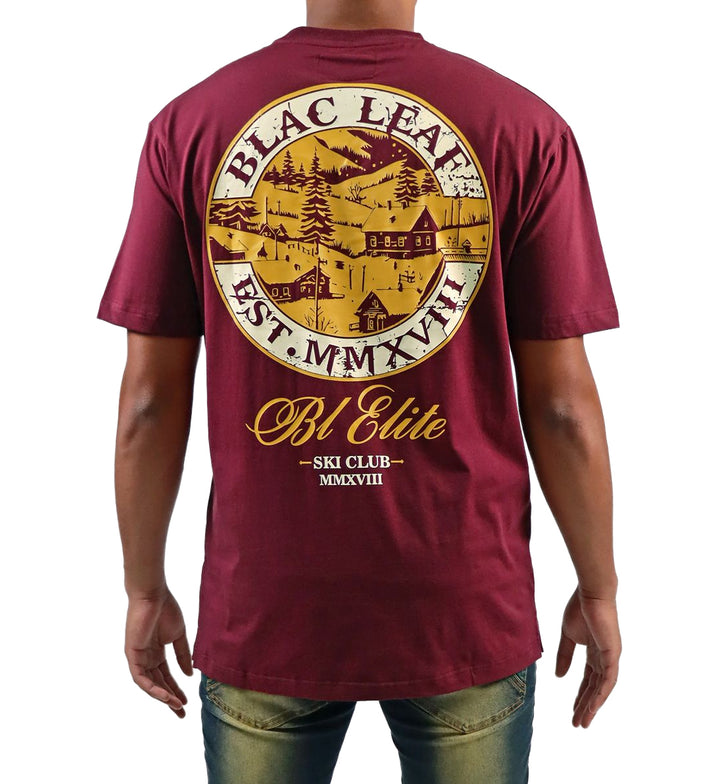 Man wearing Blac Leaf Plaid Leaf T-Shirt “Burgundy” viewed from the back