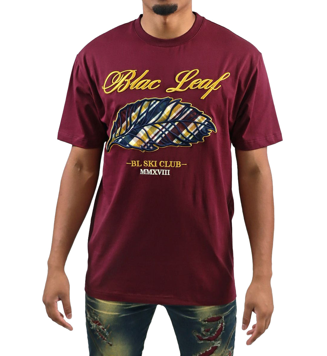 Man wearing Blac Leaf Plaid Leaf T-Shirt “Burgundy”