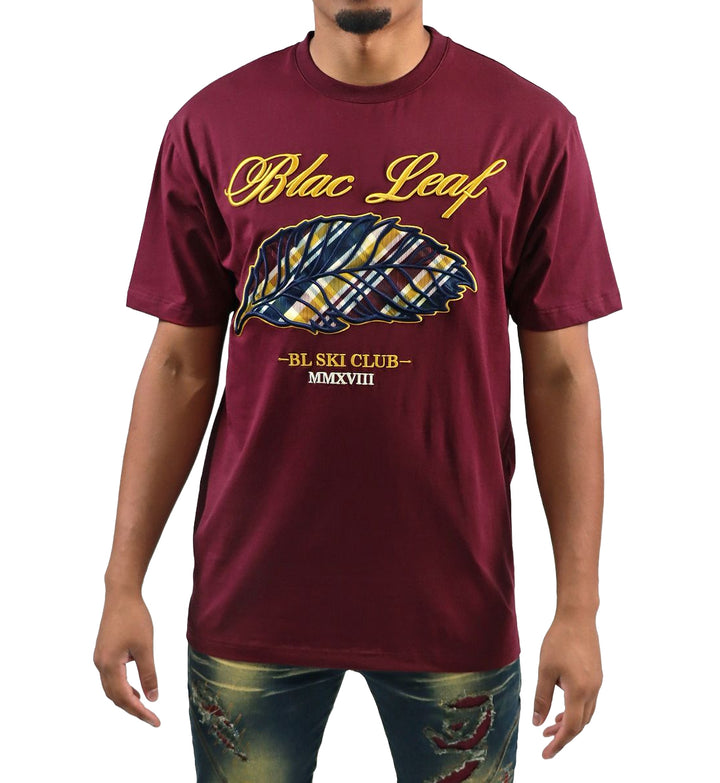 Man wearing Blac Leaf Plaid Leaf T-Shirt “Burgundy”
