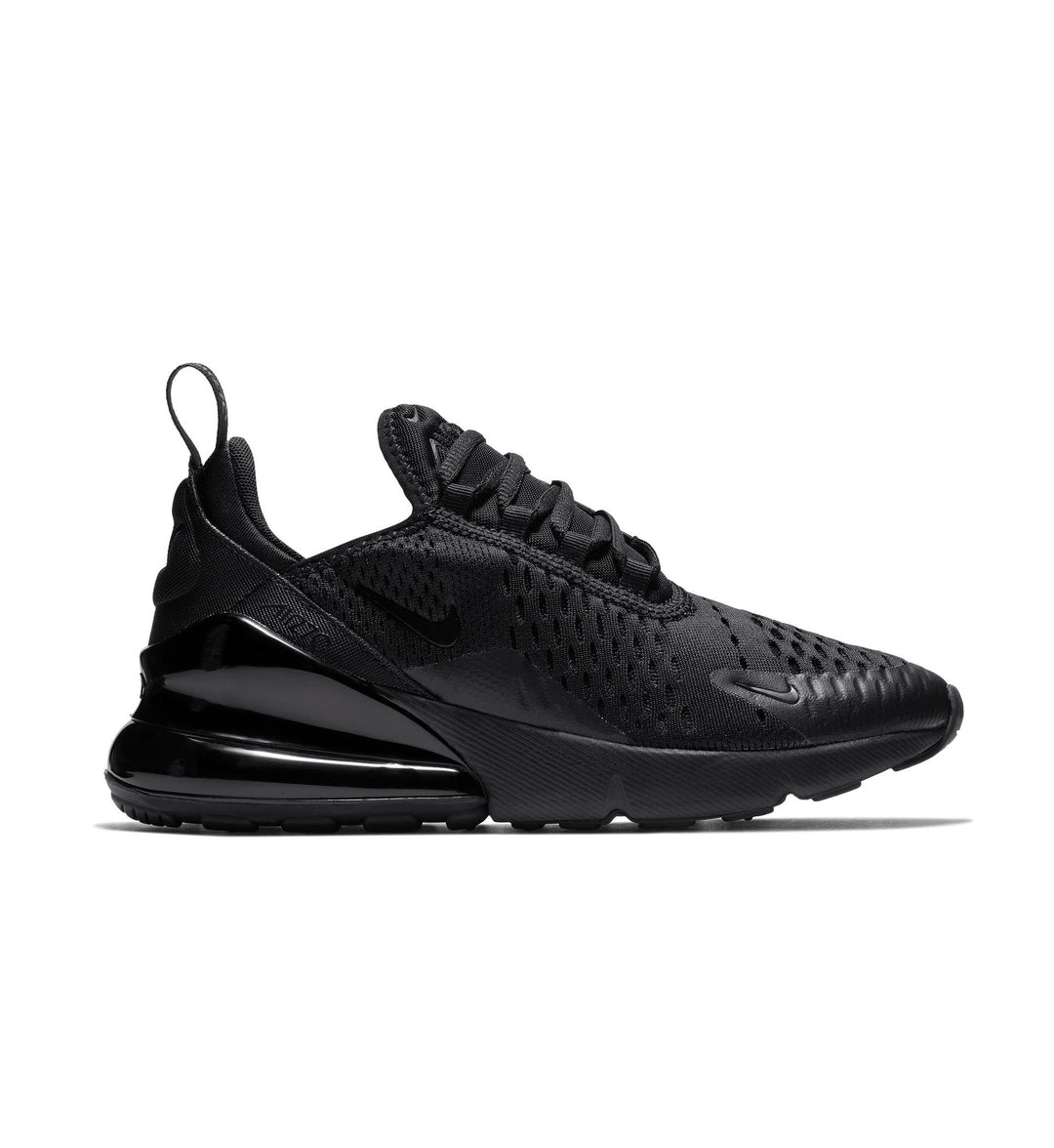 Black Nike Air Max 270 grade school sneaker on a white background