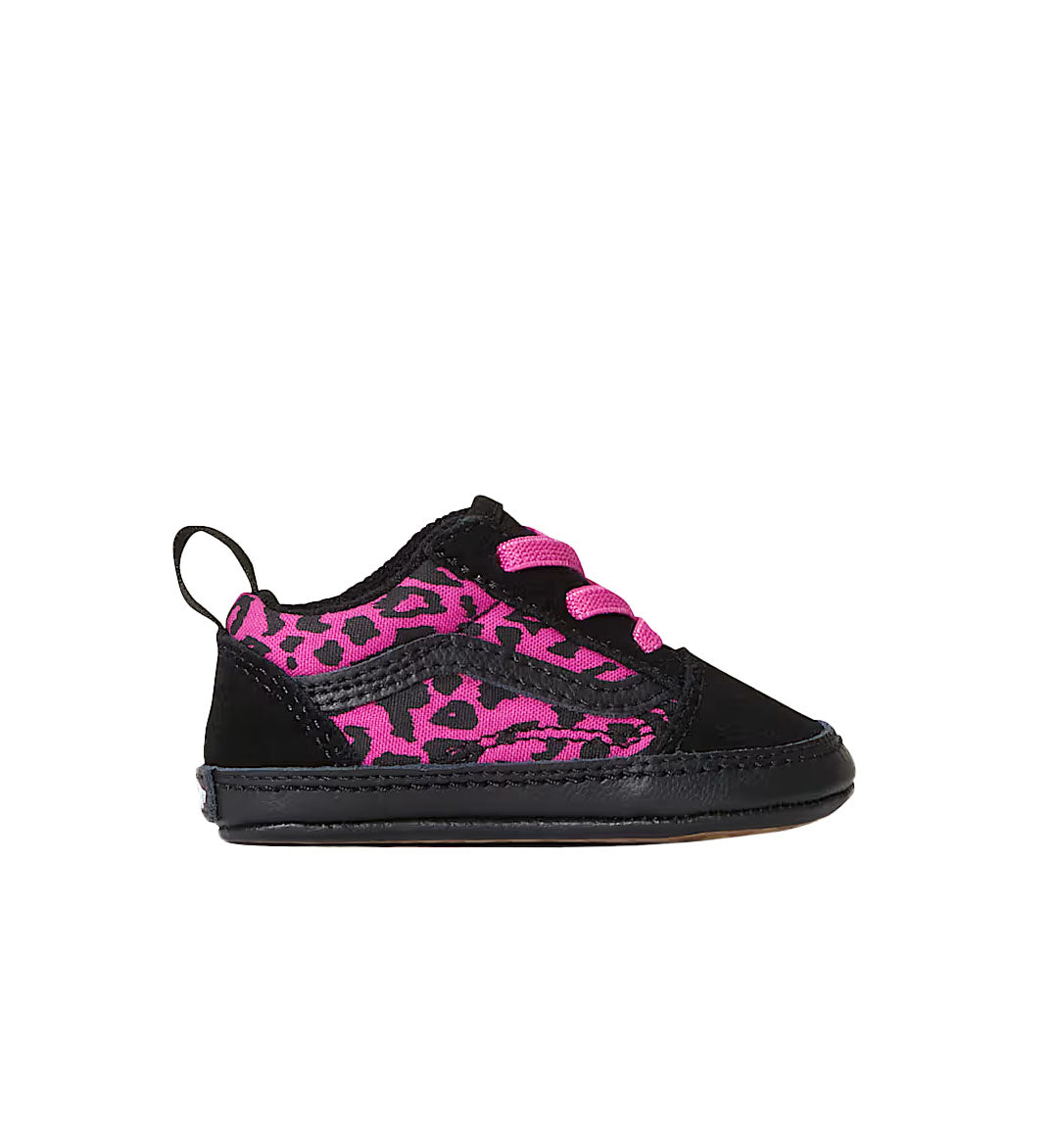 Black Vans Old Skool Toddler shoe with pink leopard print on a white background