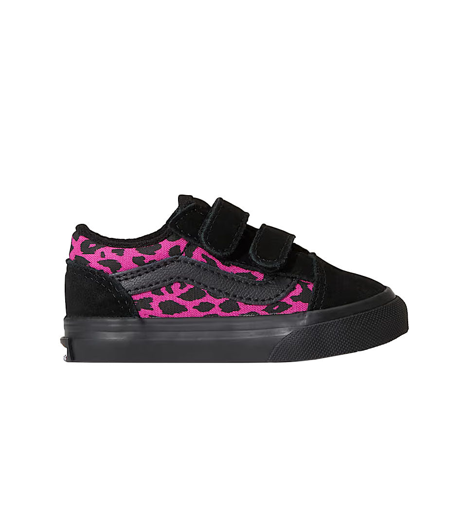 Black Vans Old Skool Toddler sneaker with pink leopard print pattern on a white background