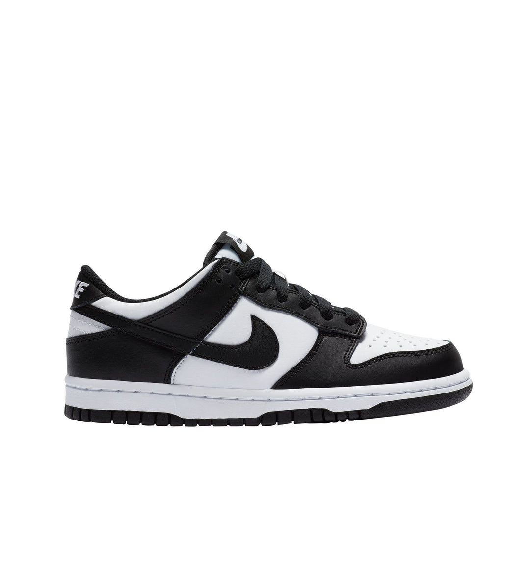 Black and white Nike Dunk grade school sneaker with Nike logo on a white background
