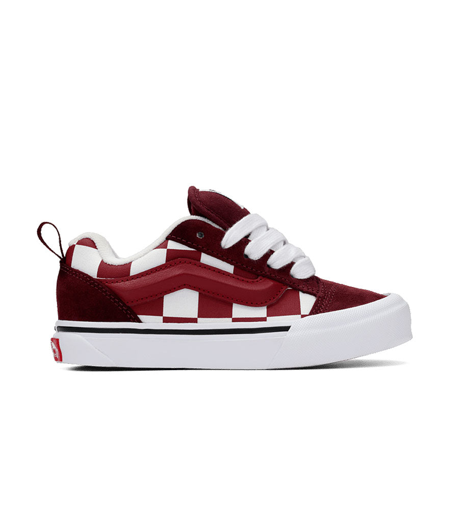 Maroon and white checkered Vans Knu Skool preschool sneaker on a white background