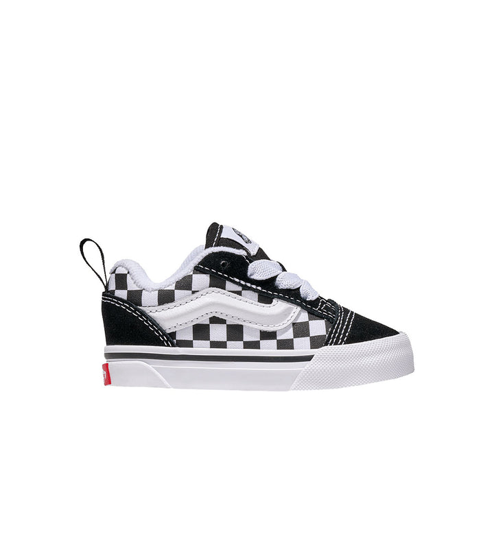 Black and white checkered Vans Knu Skool toddler sneaker on a white background