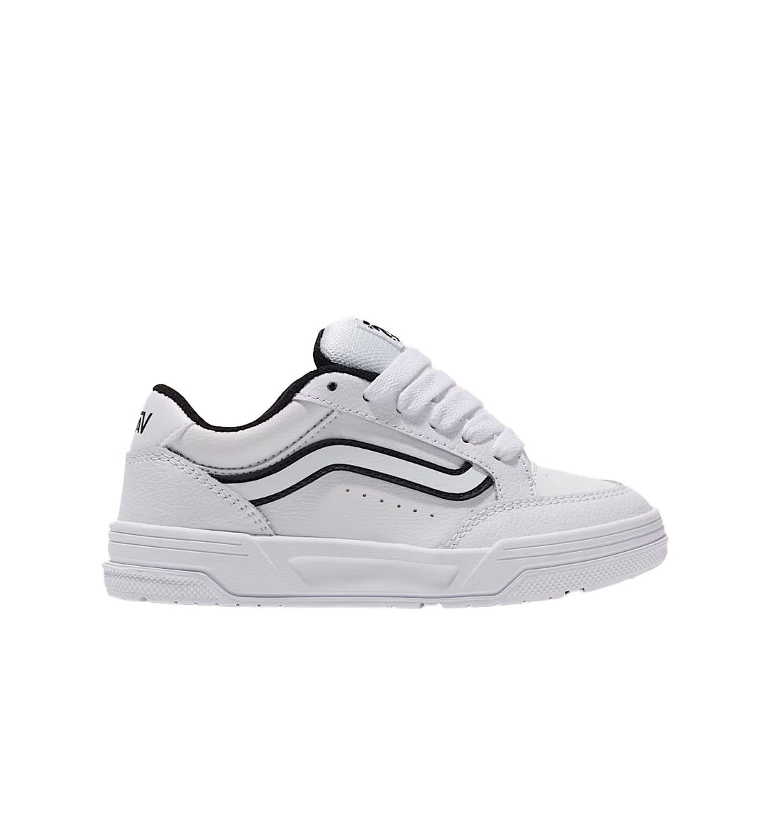 White Vans Hylane preschool sneaker with black accents on a white background