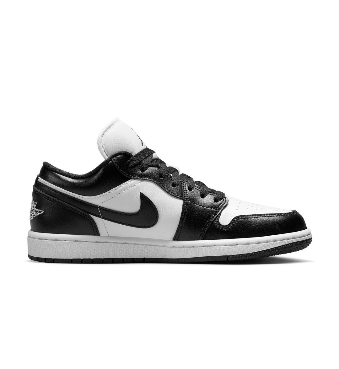 Black and white Air Jordan 1 Low Women’s “Panda” sneaker with a logo on a white background