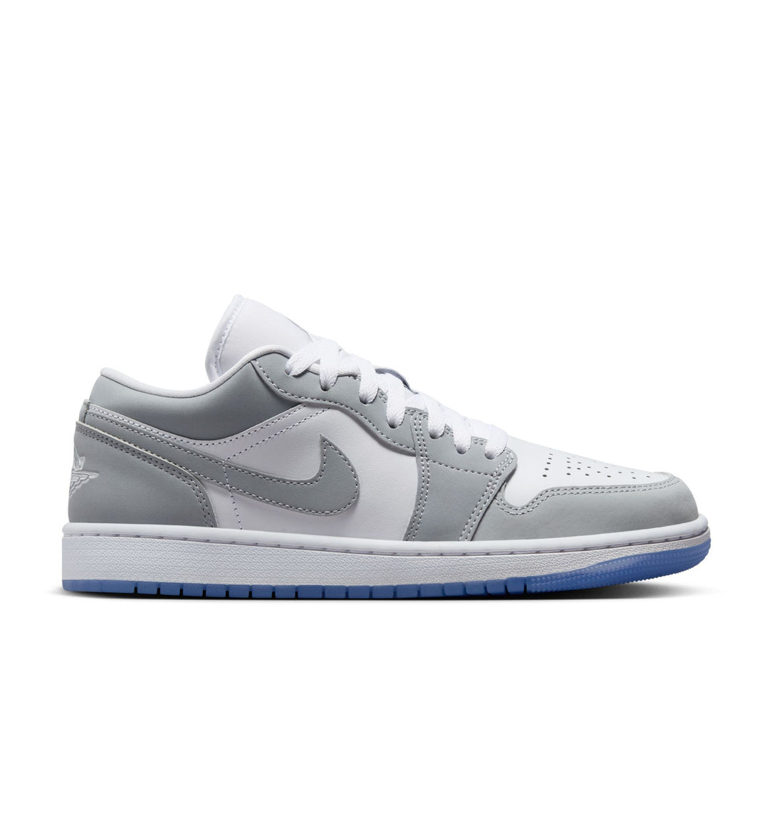White and Grey Air Jordan 1 Low Women’s sneaker with a  ice blue sole on a white background