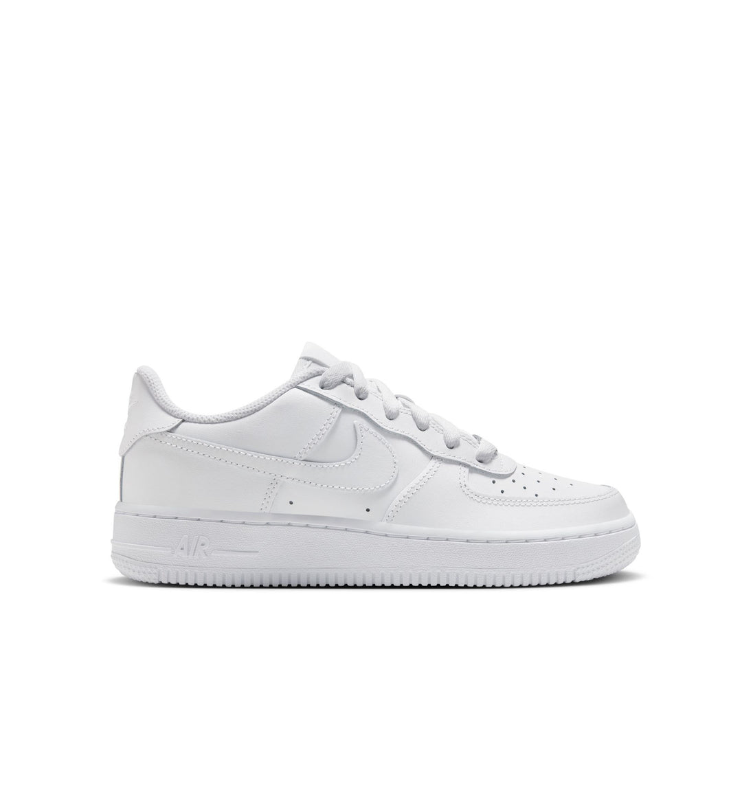 A triple White Nike Air Force 1 Low LE GS with a white background
