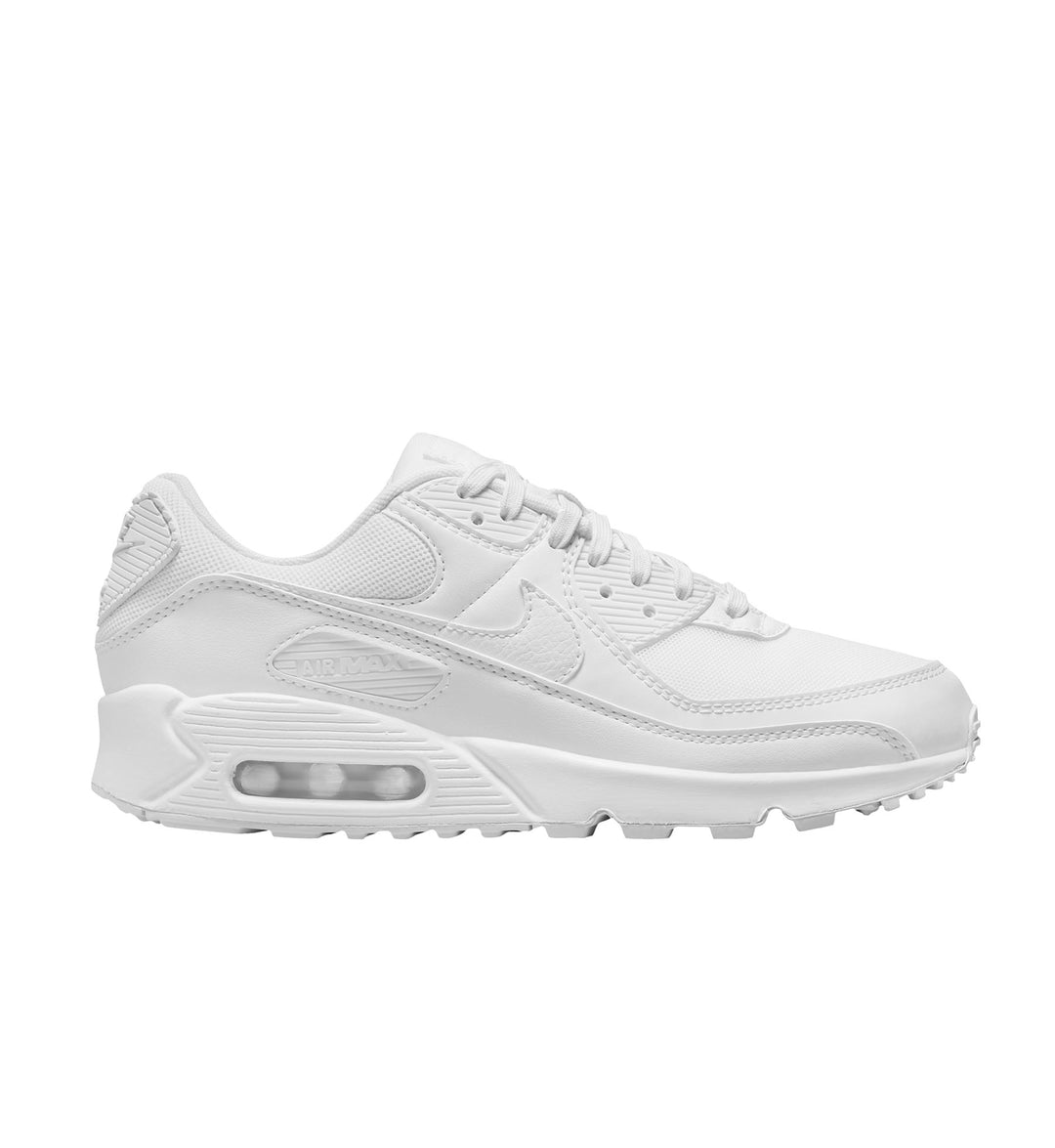 White Nike Air Max 90 Women's sneaker with air cushion sole on a white background
