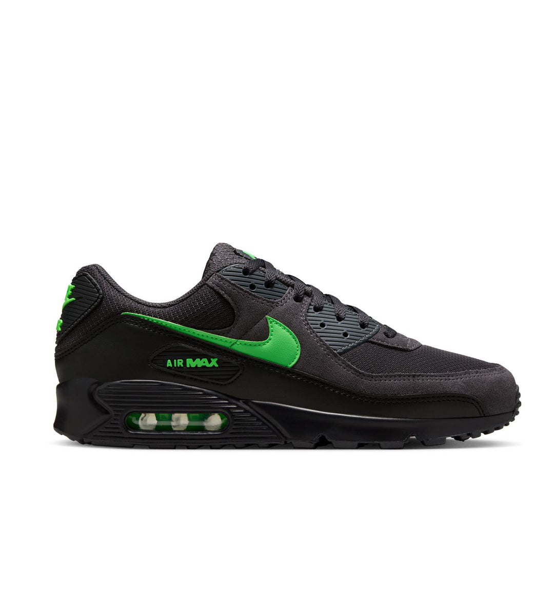 Black and green sneaker with 'Air Max' branding on a white background