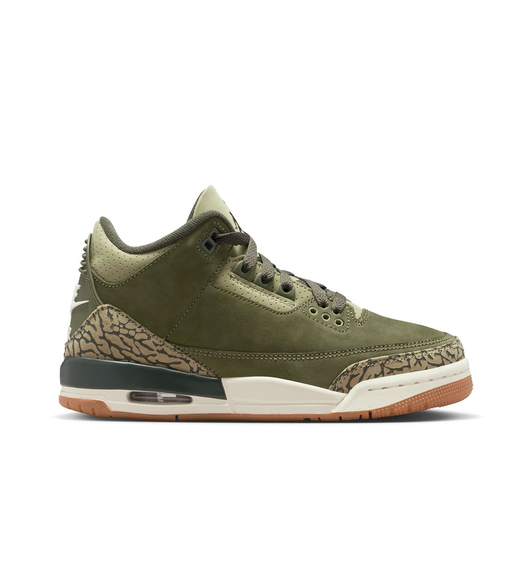 Olive green Air Jordan 3 Retro GS shoe with elephant print accents on white background