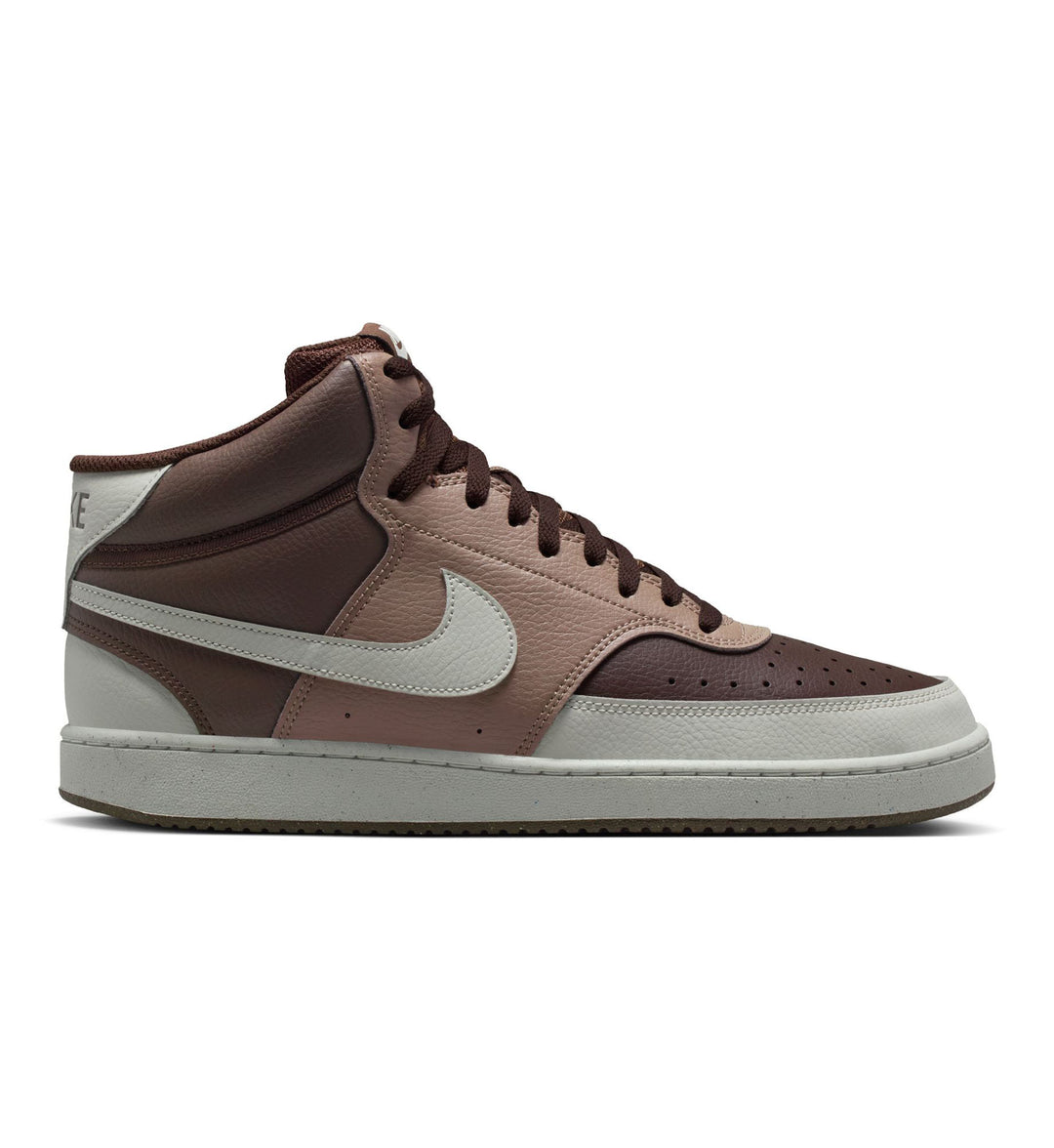 Brown and beige Nike Court Vision Mid shoe on white background.
