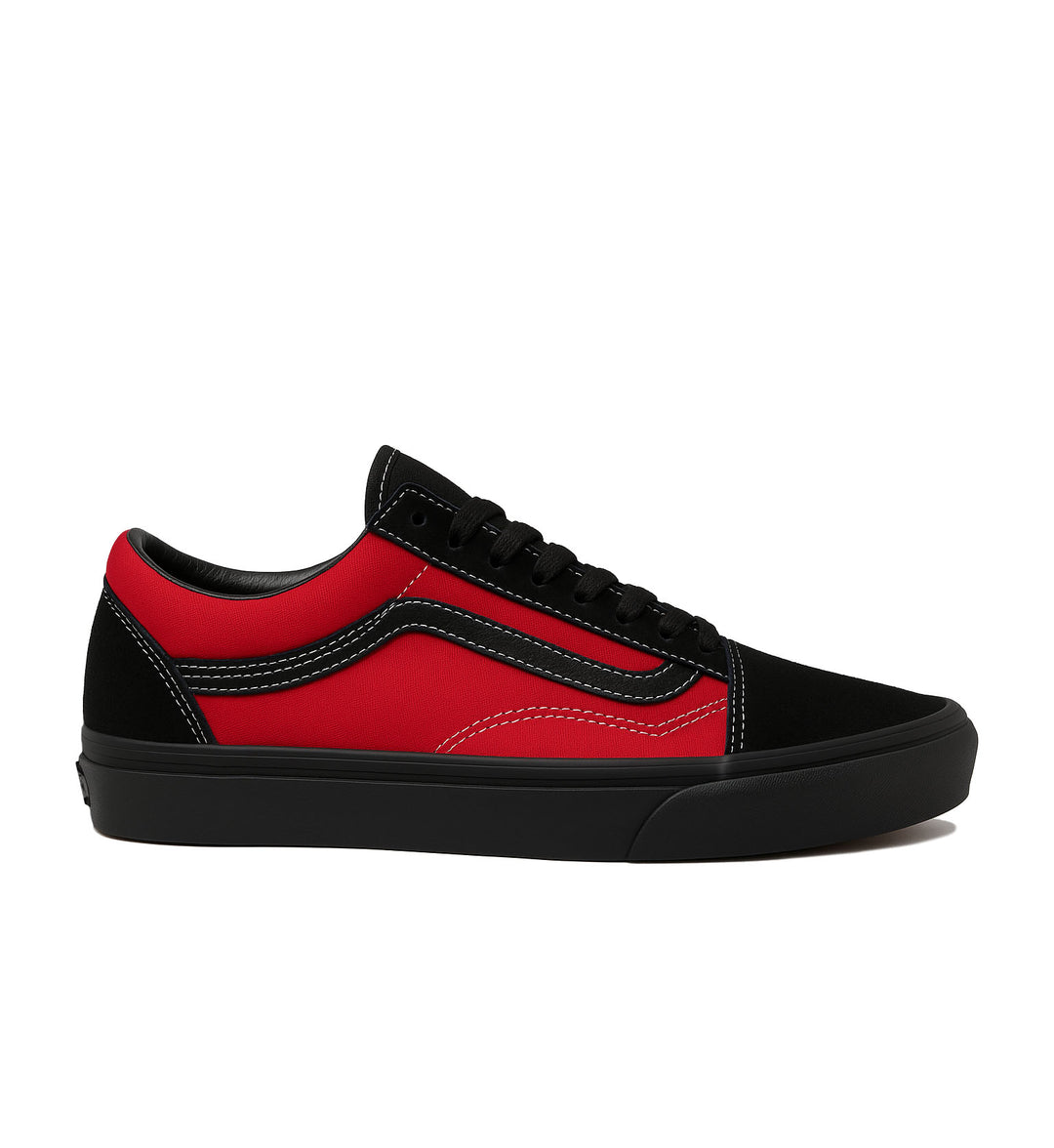 Black and Racing Red Vans Old Skool on white background