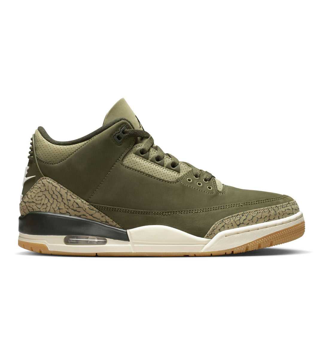 olive green Air Jordan 3 Retro sneaker with elephant print and a gum sole, shown on a white background.