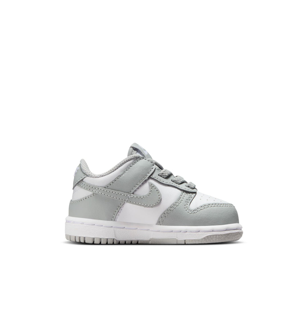 Gray and white Nike Dunk Low  TD sneaker with Nike logo on a white background