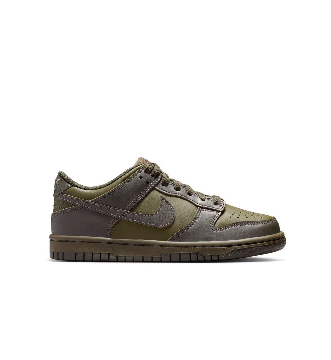 Brown and olive Nike Dunk Low sneaker with a Nike logo on a white background