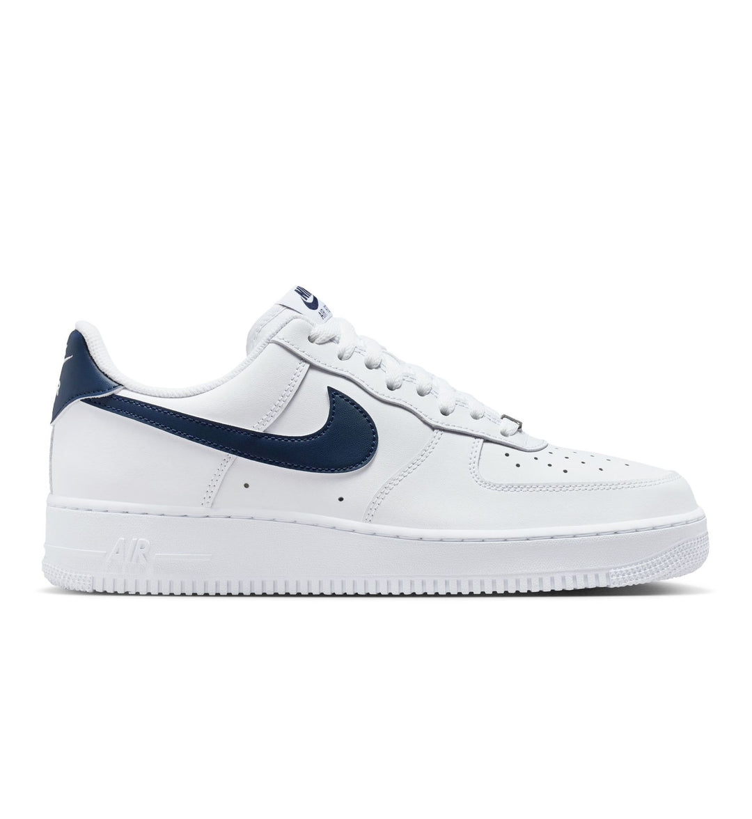 White Nike Air Force 1 ’07 with navy Nike Swoosh on white background.