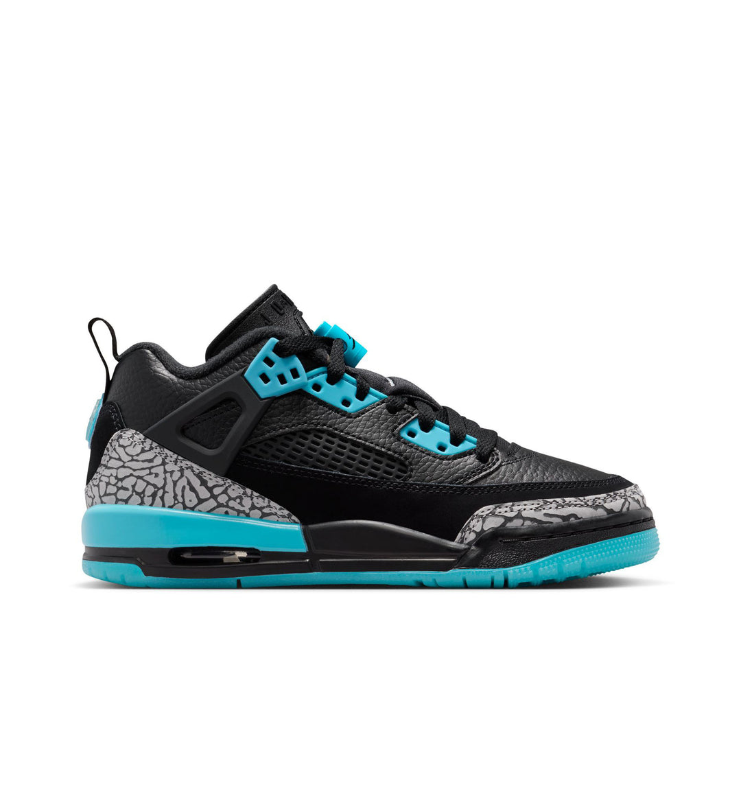Black Jordan Spizike Low sneaker with bright teal accents and gray elephant-print detailing on the heel and toe, featuring a visible Air unit in the midsole, displayed against a white background.