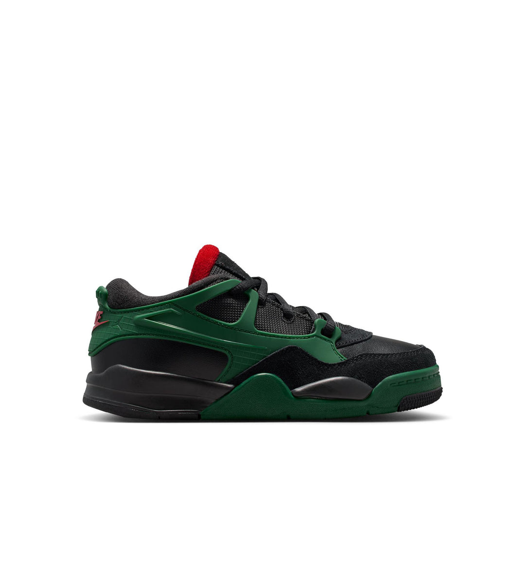 Green and black sneaker with red accents on a white background
