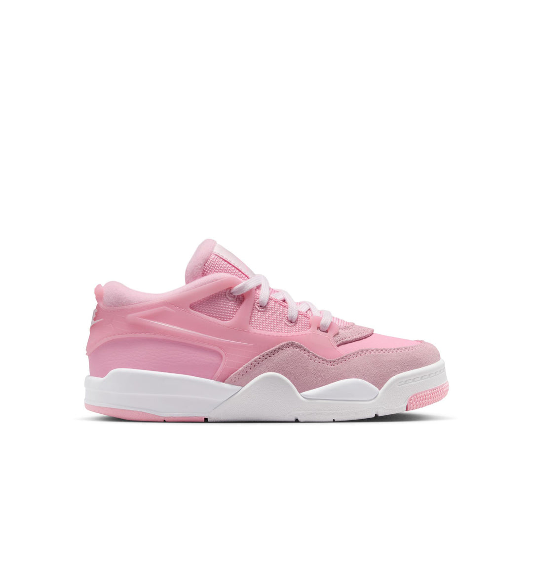 Pink with white sole Jordan 4 RM shoe on white background