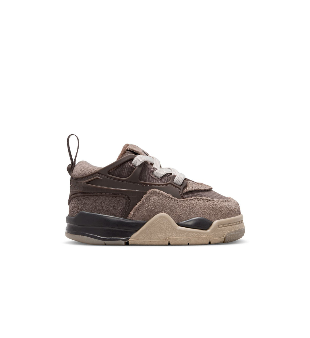 Brown and khaki toddler Jordan 4 RM shoe on white background