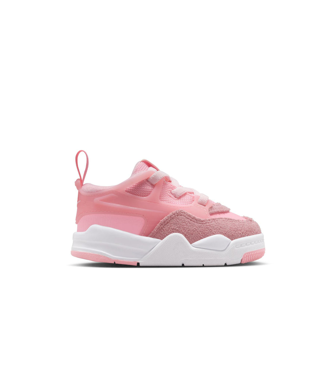 Pink toddler Jordan 4 RM shoe on white background