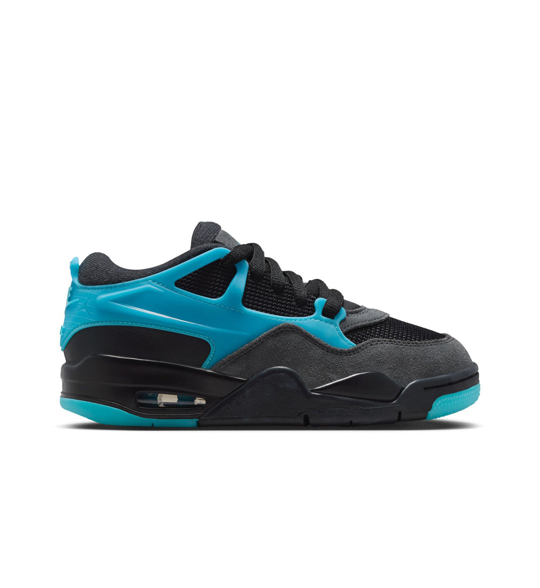 Air Jordan 4 RM sneaker in black and teal with suede and mesh details, shown against a white background
