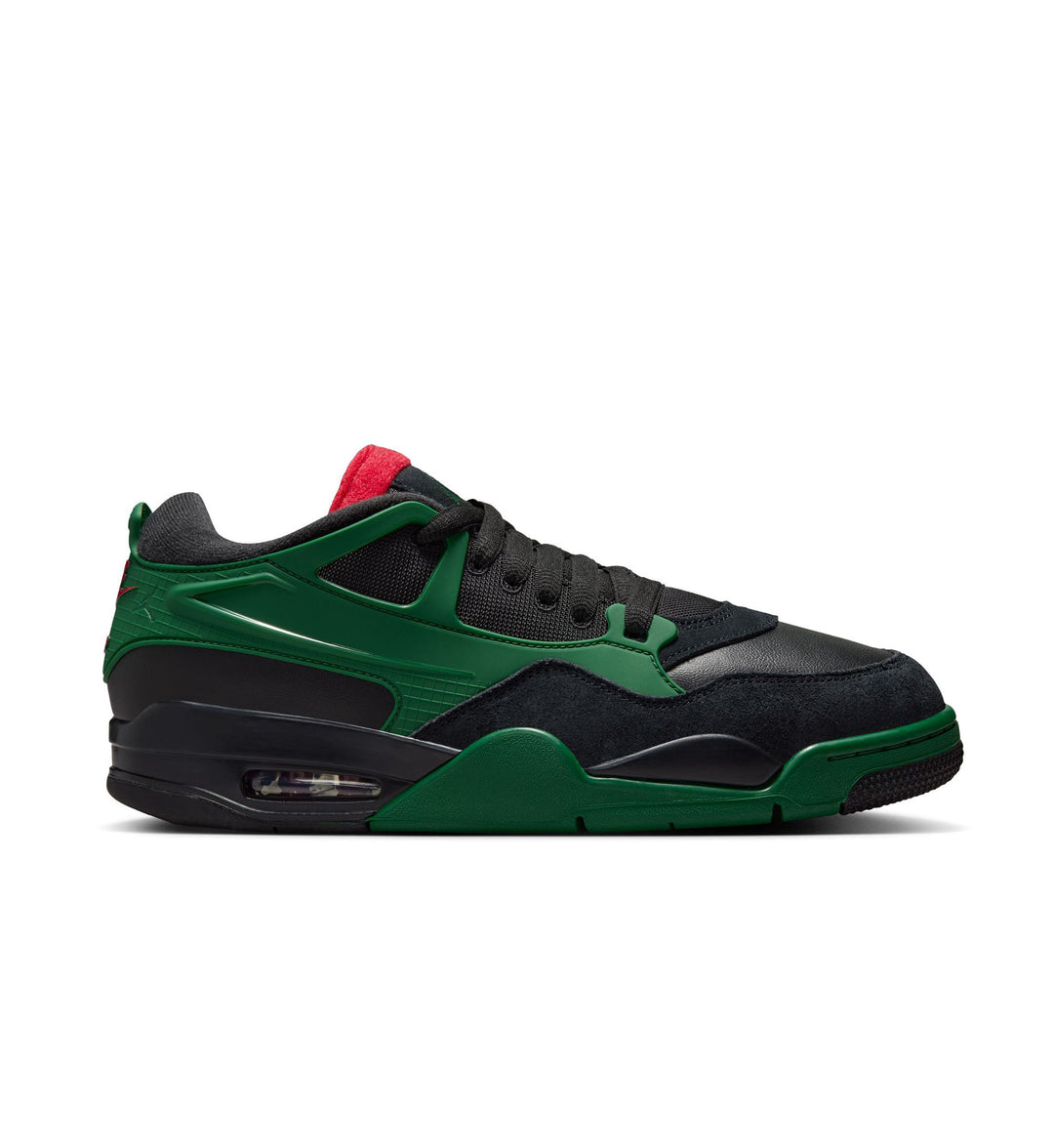 Black and green Jordan sneaker with red accents on a white background