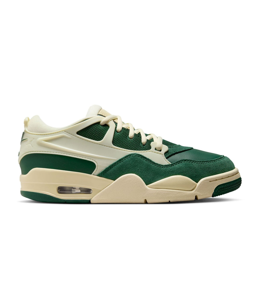 Green and beige Air Jordan 4 RM Women’s sneaker on a white background