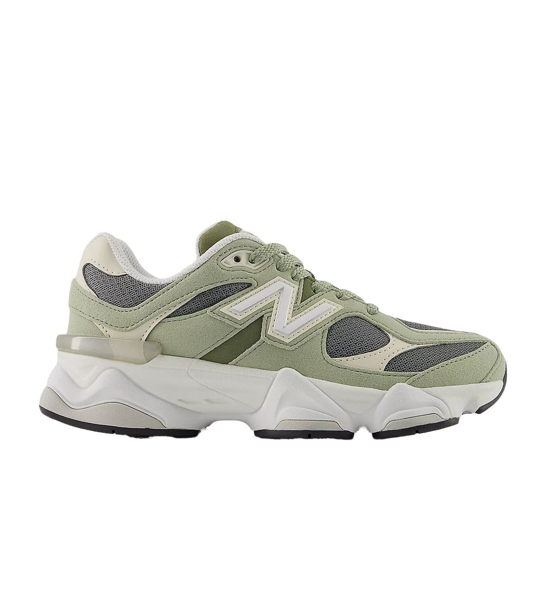 New Balance 9060 Grade School olive green, gray, and cream sneaker on white background.