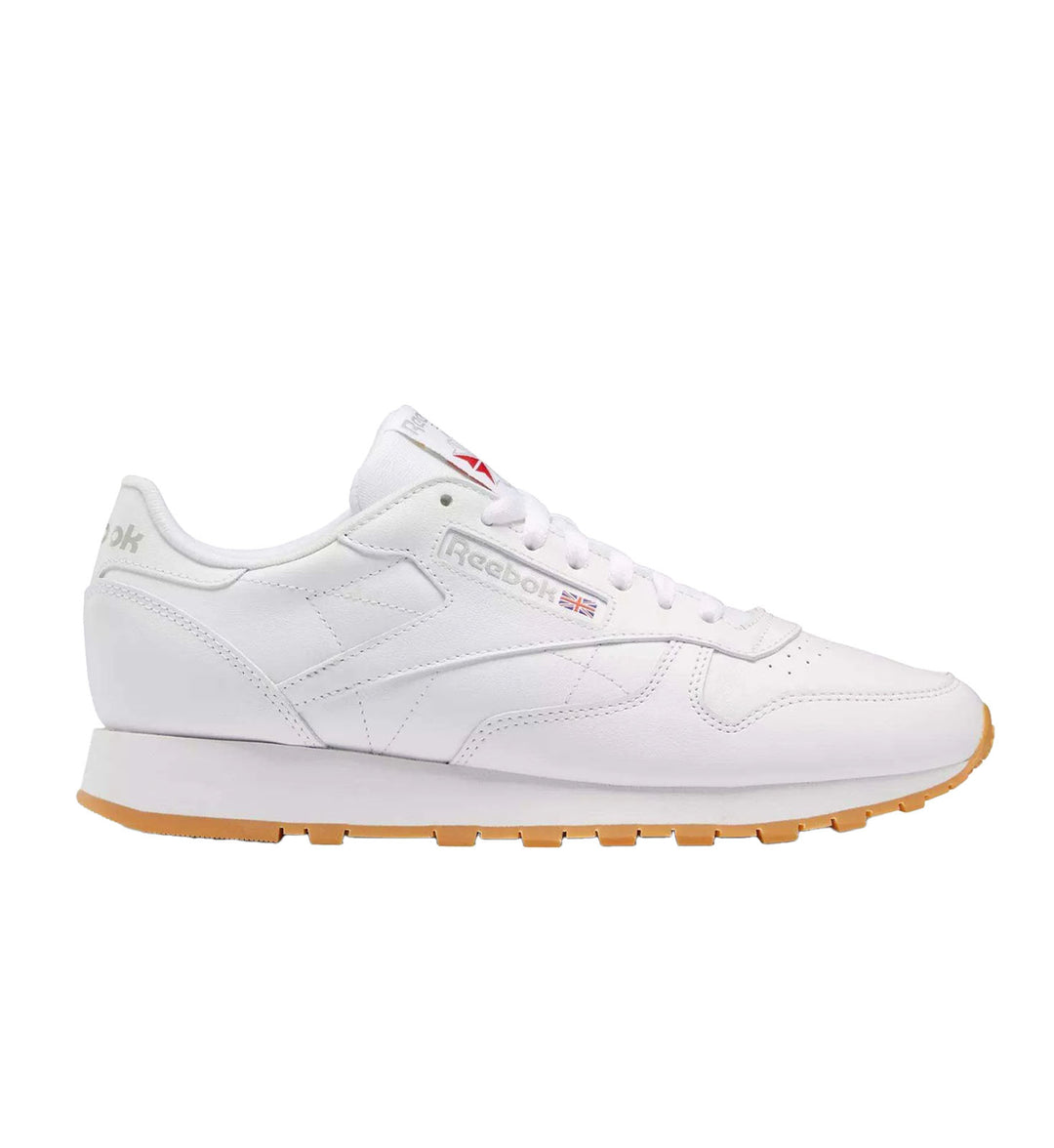 White and gum sole Reebok Classic Leather on white background