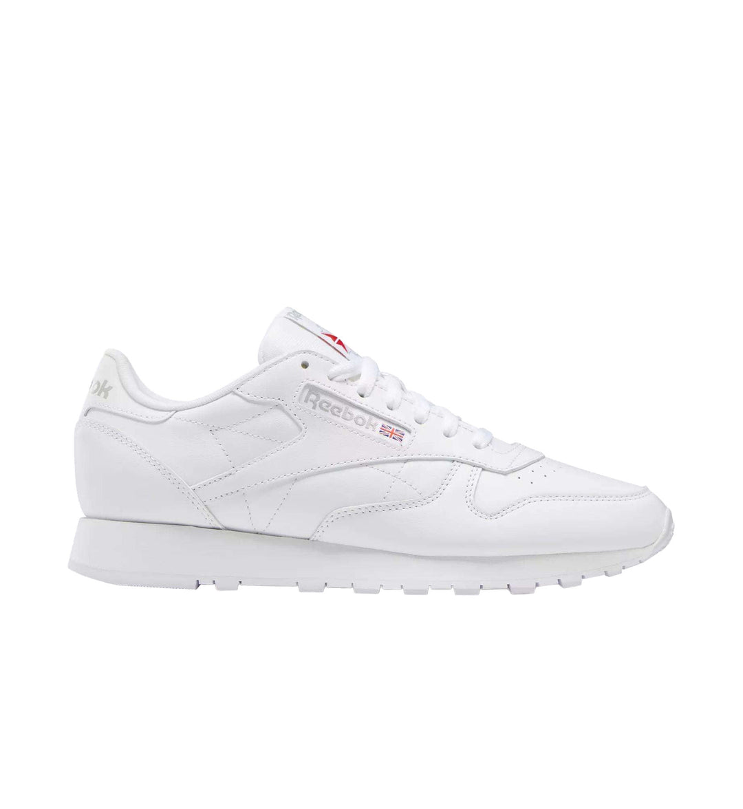 All white Reebok Classic Leather on white background.