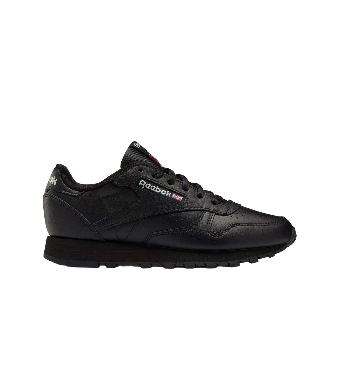 Women's all black Reebok Classic Leather on white background.