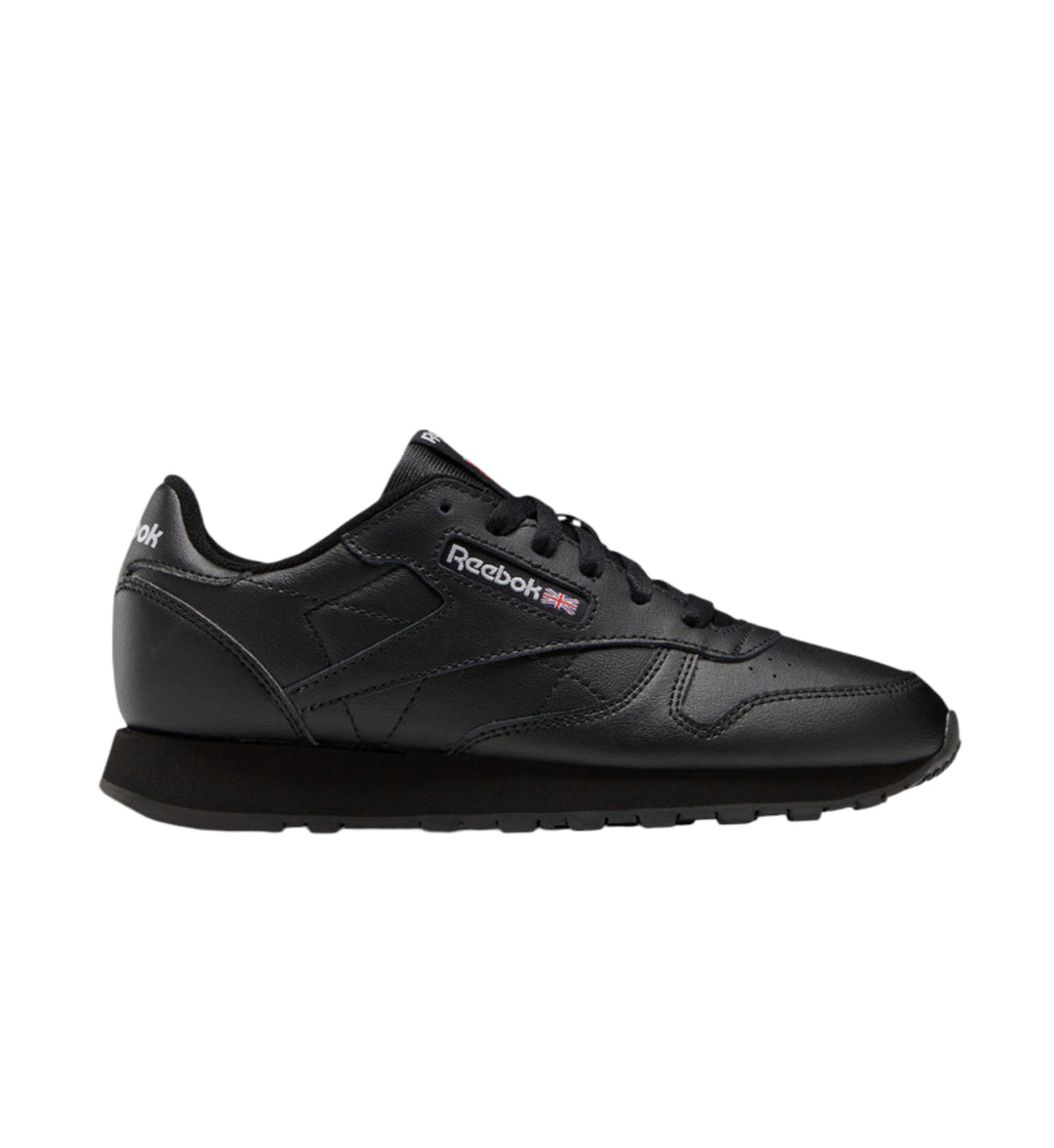 All black Reebok Classic Leather shoe on white background.