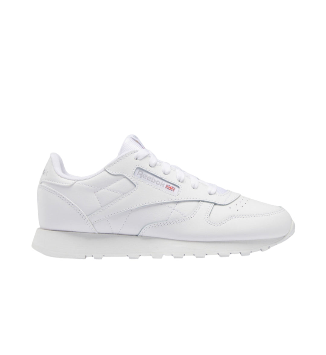 White Reebok Classic Leather Grade school sneaker with a white background