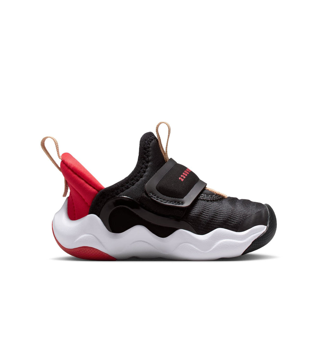 Black and red sneaker with white sole on a white background