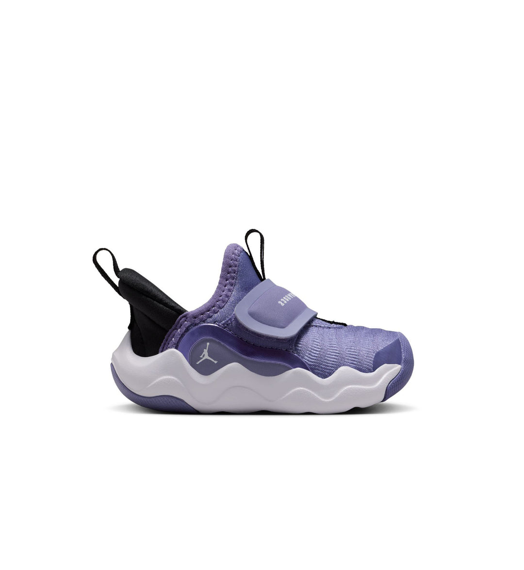 Purple and black sneaker with white sole on a white background