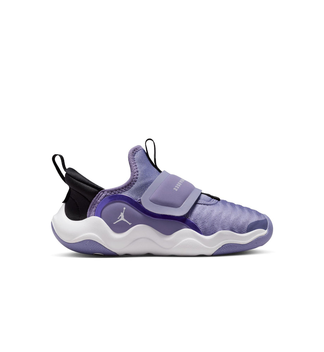 Purple and black sneaker with a logo on a white background