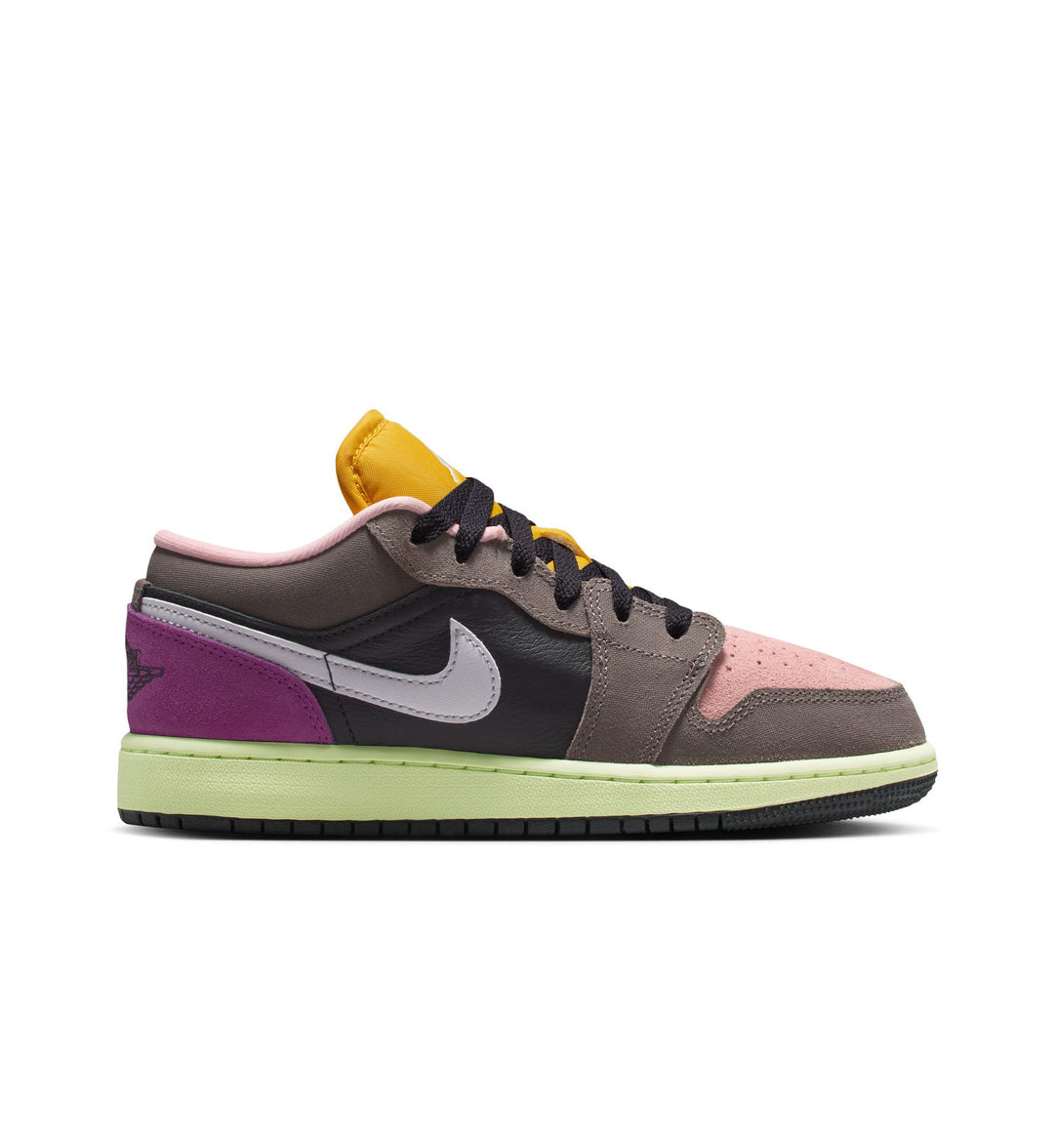 Multicolored AJ1 Low sneaker with a Nike logo on a white background