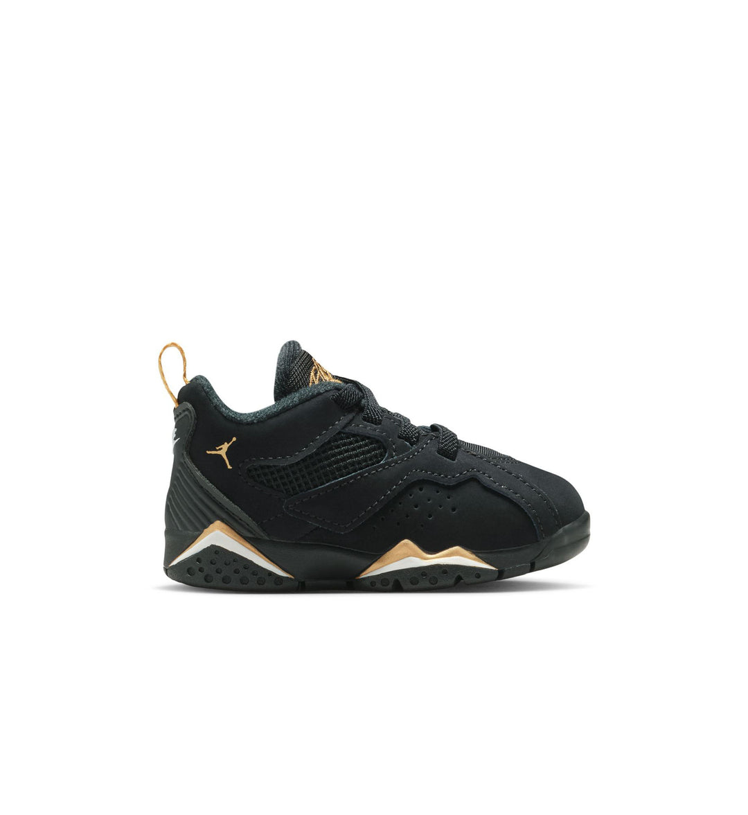 Black Air Jordan MVP 92 Toddler shoe with metallic gold and sail accents against a white background