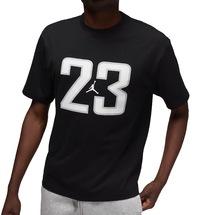 Black Jordan Brooklyn t-shirt with white number 23 and logo on a white background