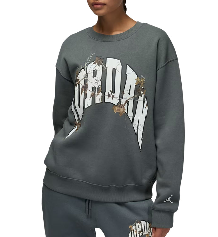 Gray Jordan Brooklyn Fleece Women’s Realtree Crew-Neck Sweatshirt with 'Jordan' branding on a white background
