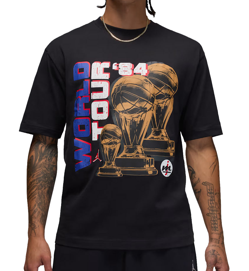 Black Jordan World Tour t-shirt with 'World Tour '84' graphic design featuring trophies on a white background.