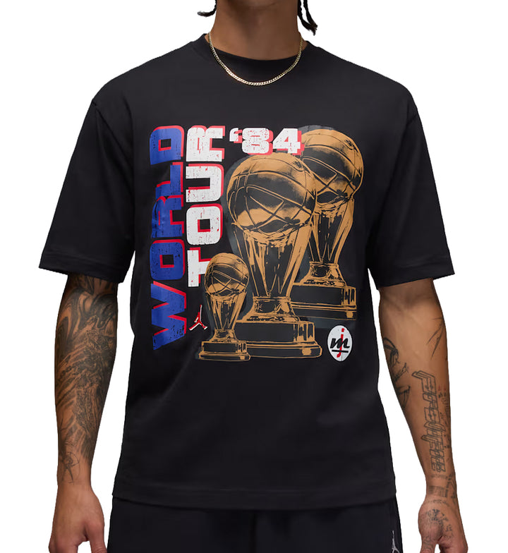 Black Jordan World Tour t-shirt with 'World Tour '84' graphic design featuring trophies on a white background.