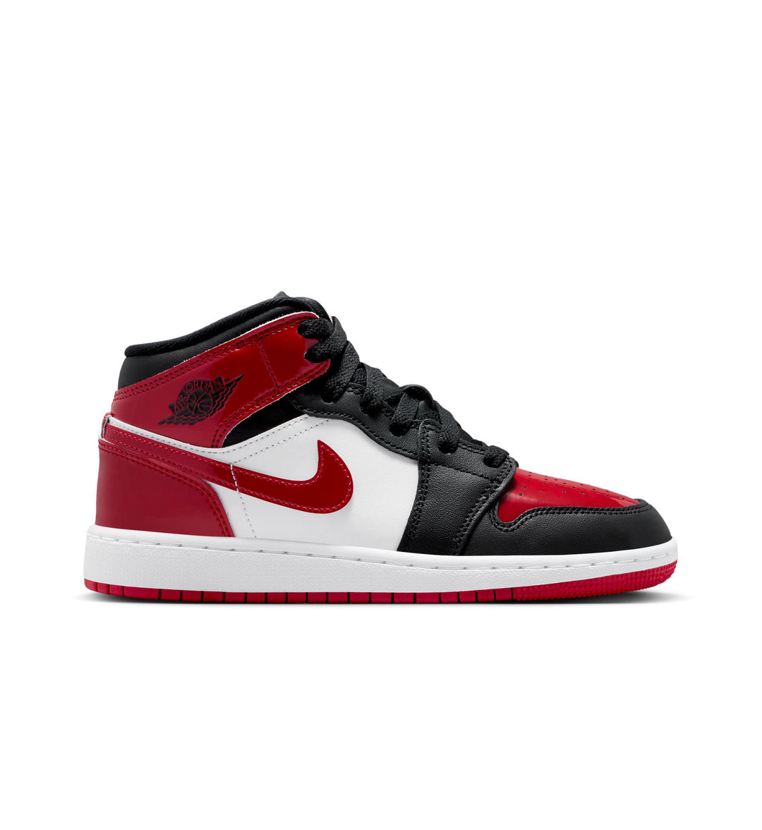 Red, black, and white Air Jordan 1 Mid GS sneaker with a prominent Nike logo on a white background