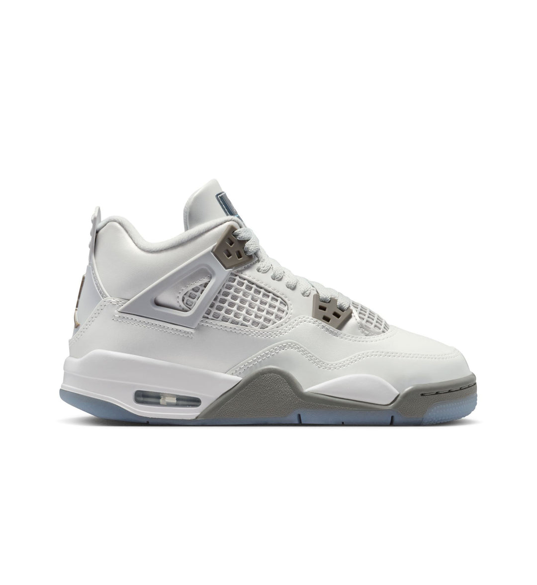 White and grey Air Jordan 4 Retro grade school shoe against a white background