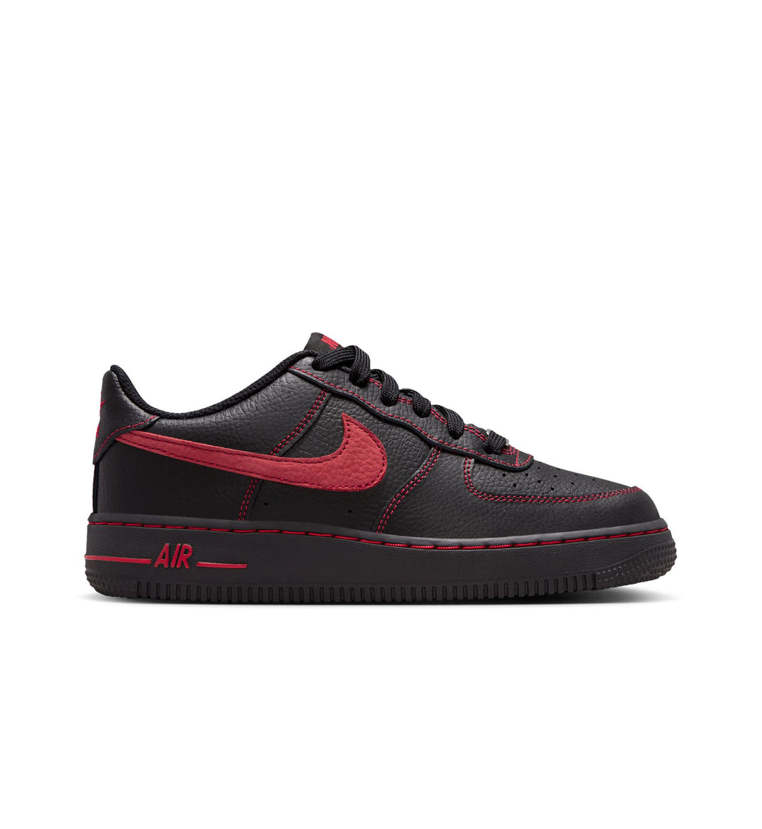 Black with red accents Nike Air Force 1 LV8 shoe on a white background.