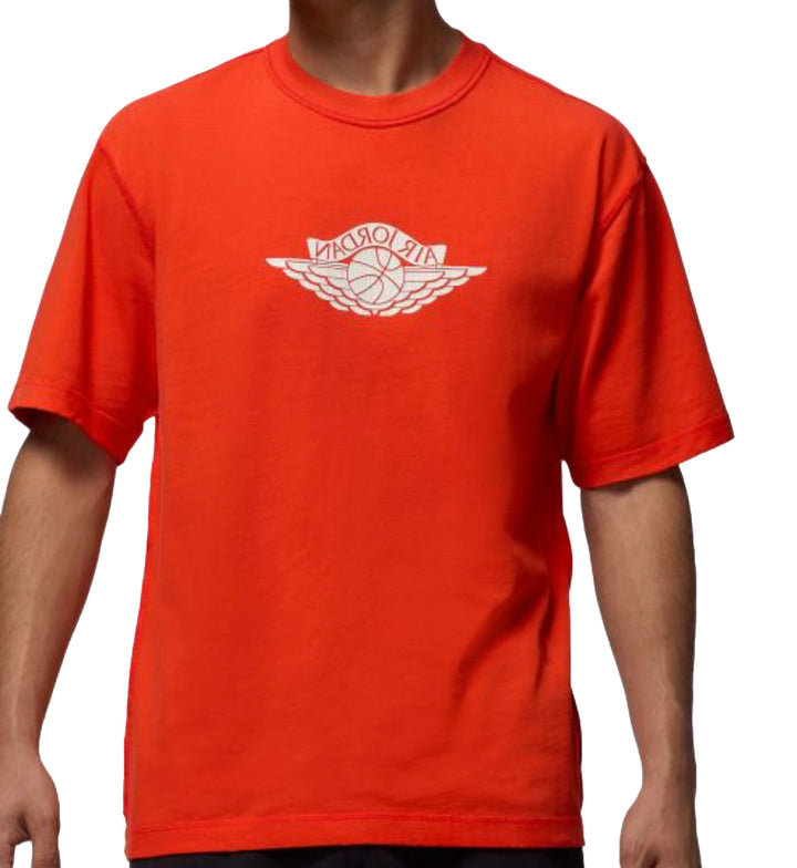 Chile red Jordan Rare Air t-shirt with a white logo on a white background