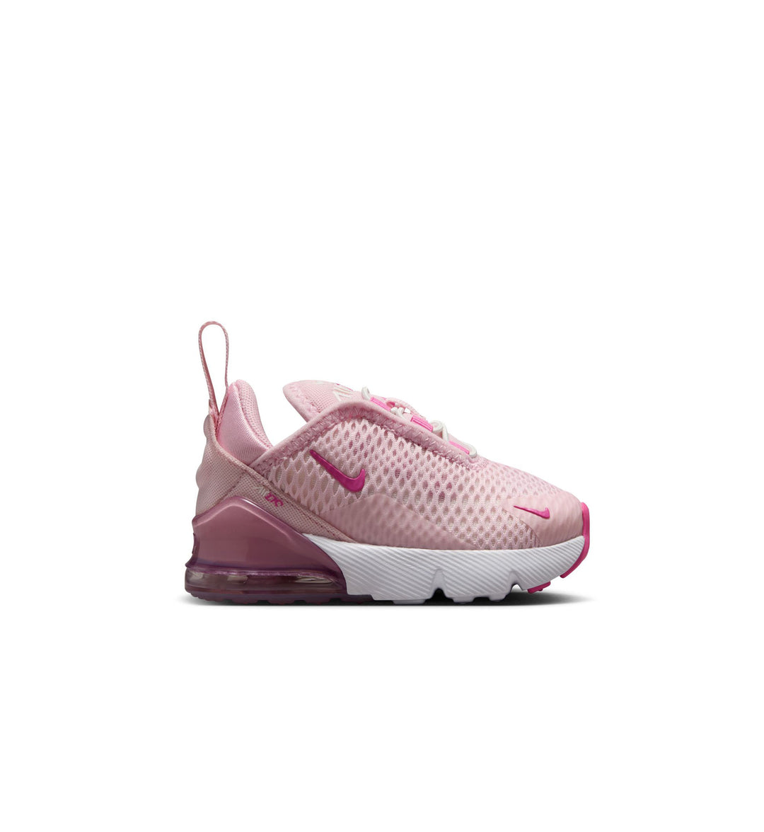 Pink Nike Air Max 270 toddler sneaker with white sole on a white background